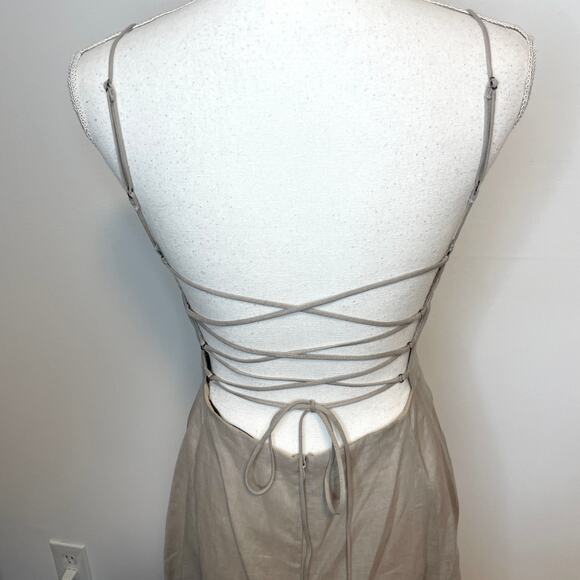 Enza Costa Linen Laced Open Back Maxi Dress In Mist Taupe Size Medium New - Picture 9 of 15